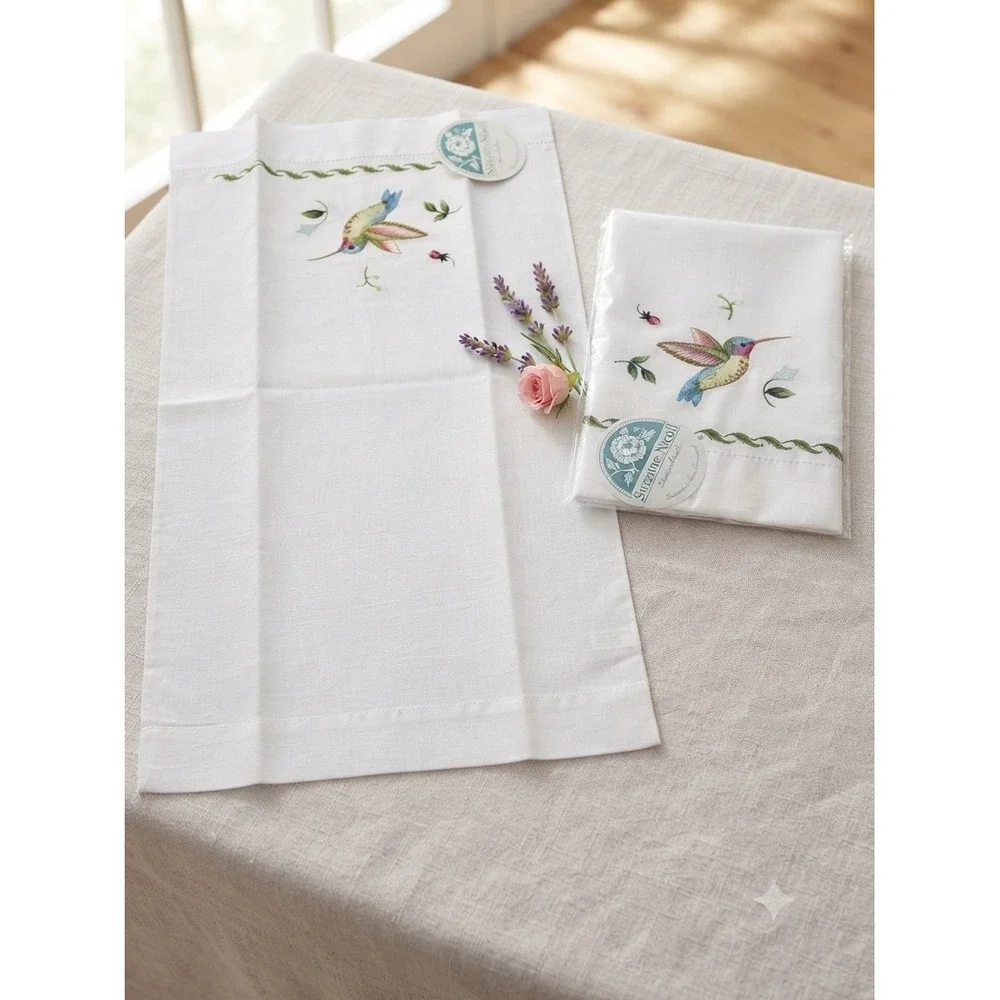 Suzanne Nicoll Hummingbird Embroidered Guest Towels Set of 2 Linen Cotton White